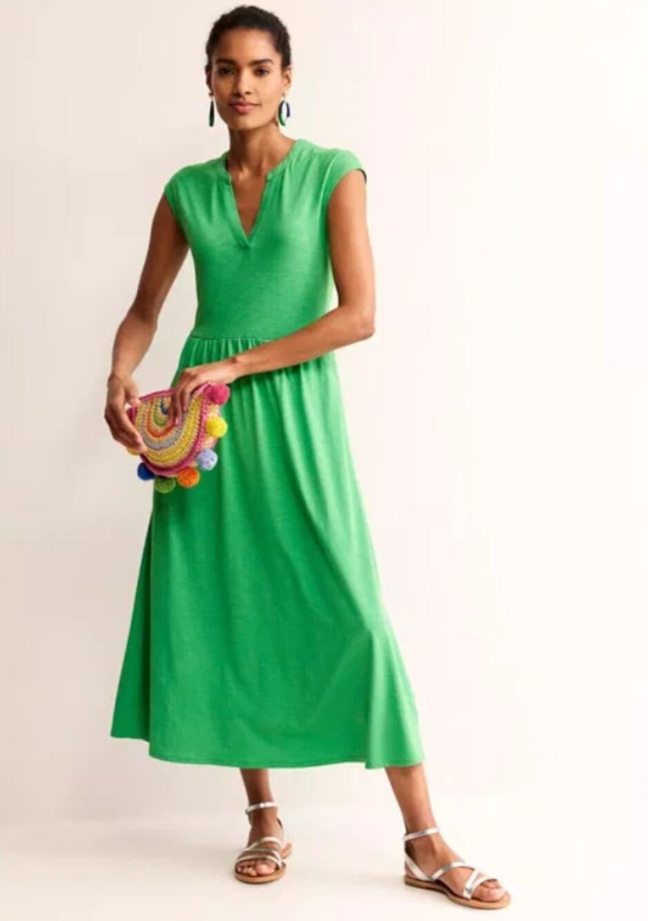Boden Chloe Notch Midi Dress V-neckline Cap Sleeves Jersey A-line Green Size 6R